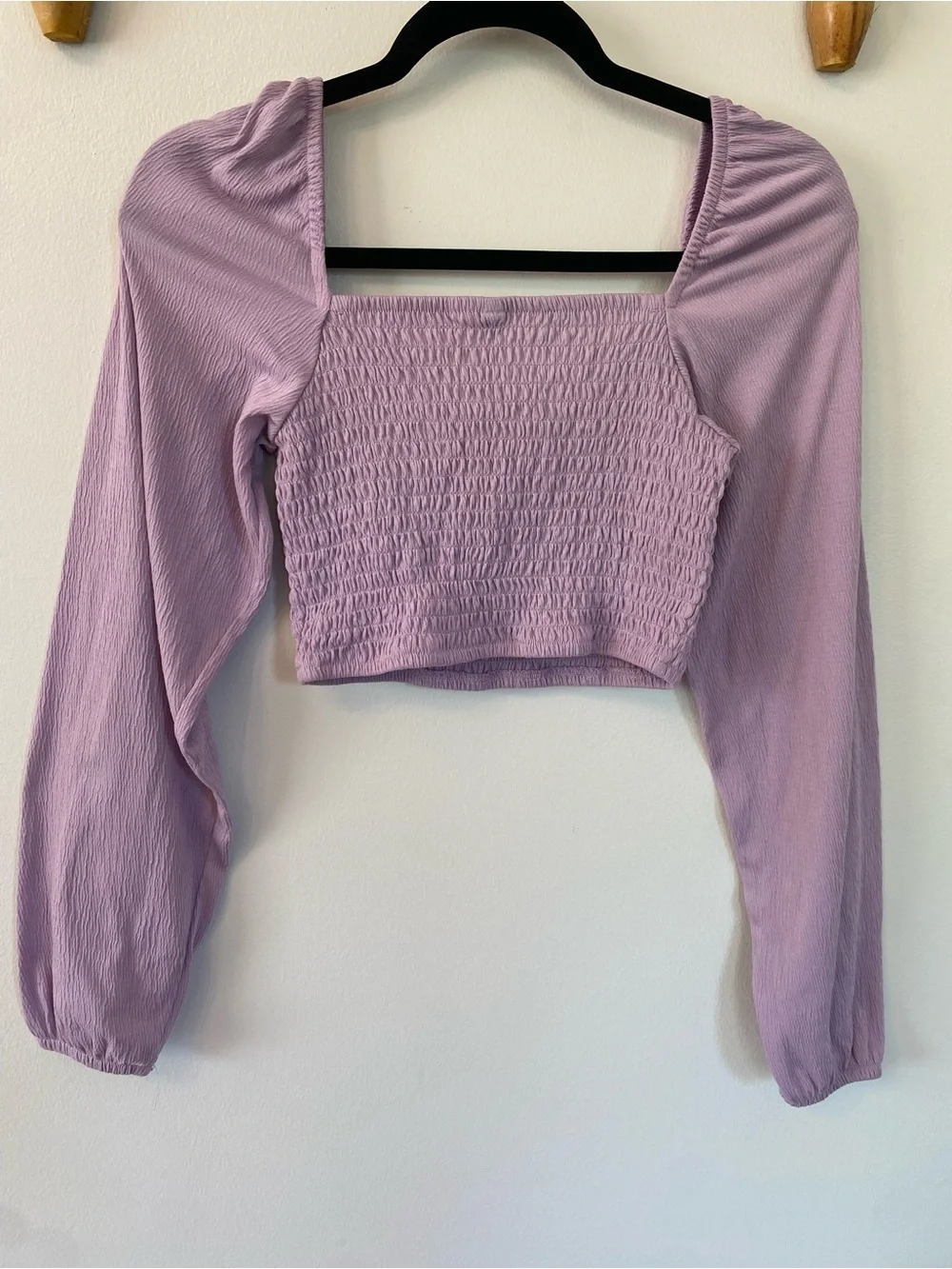 H&M Women’s Lilac Smocked Square-Neck Cropped Long Sleeve Top - size small